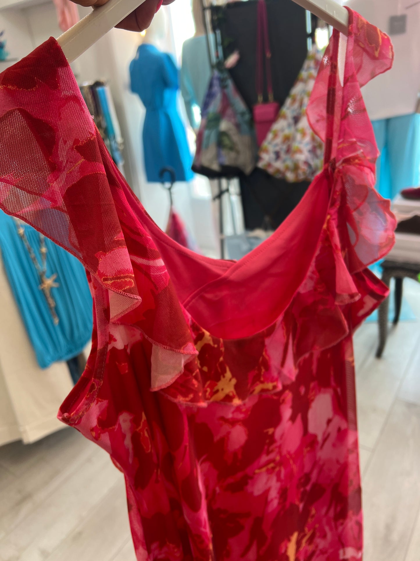 Farah Pink & Wine Ruffle Maxi Dress Side Slit