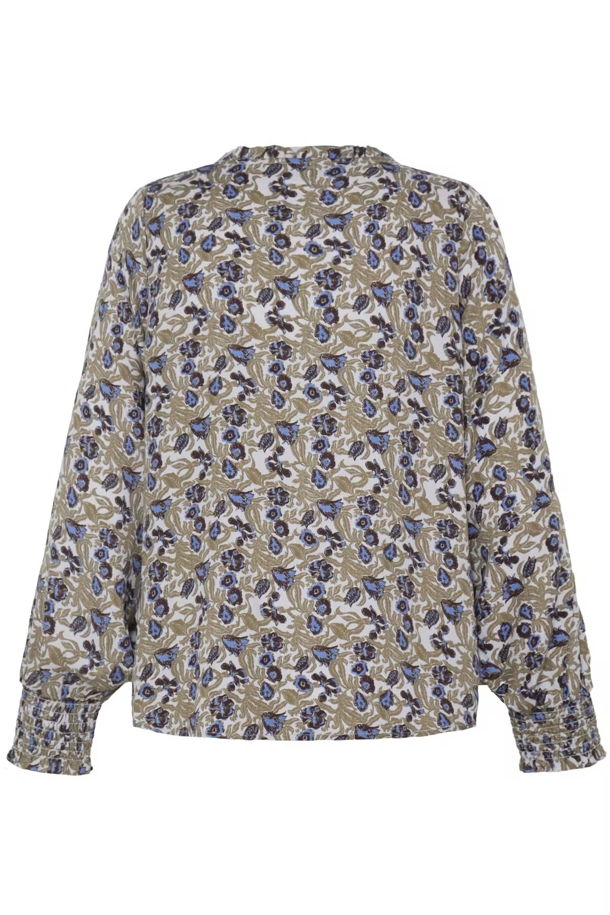 FRANSA Floral Print V-Neck Blouse – Khaki & Blue