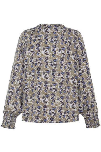 FRANSA Floral Print V-Neck Blouse – Khaki & Blue