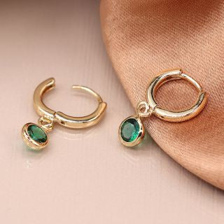 POM Golden Hoop Earrings with Green Crystal Drops