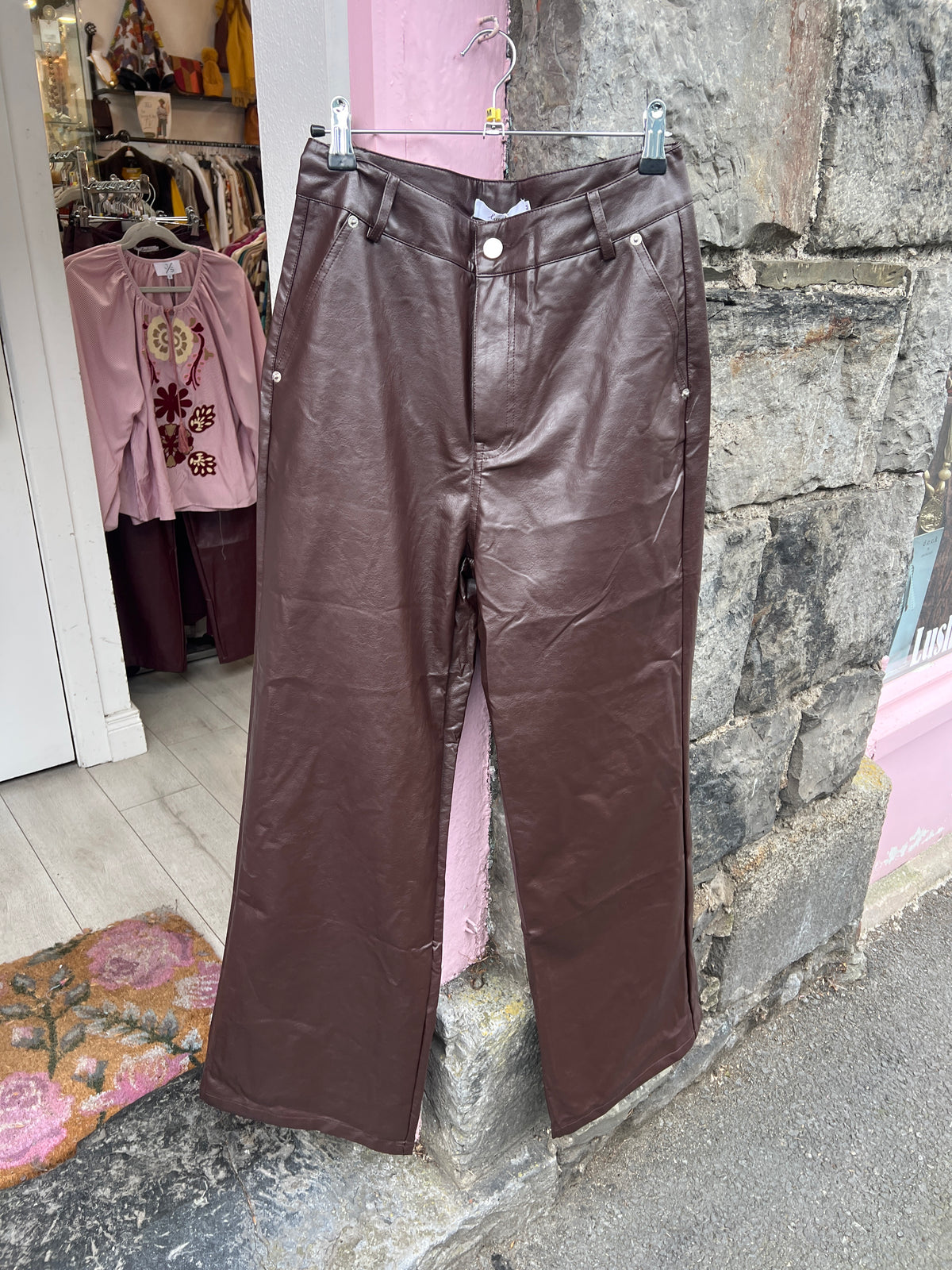 Chocolate Brown Faux Leather Straight Leg Trousers