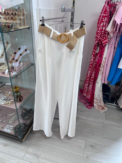 Off White Straight Leg Trousers Woven Belt (One Size)
