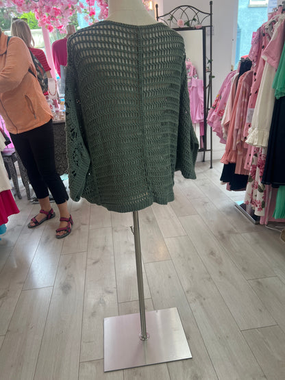 Khaki Green Crochet Batwing Style Buttoned Cardigan