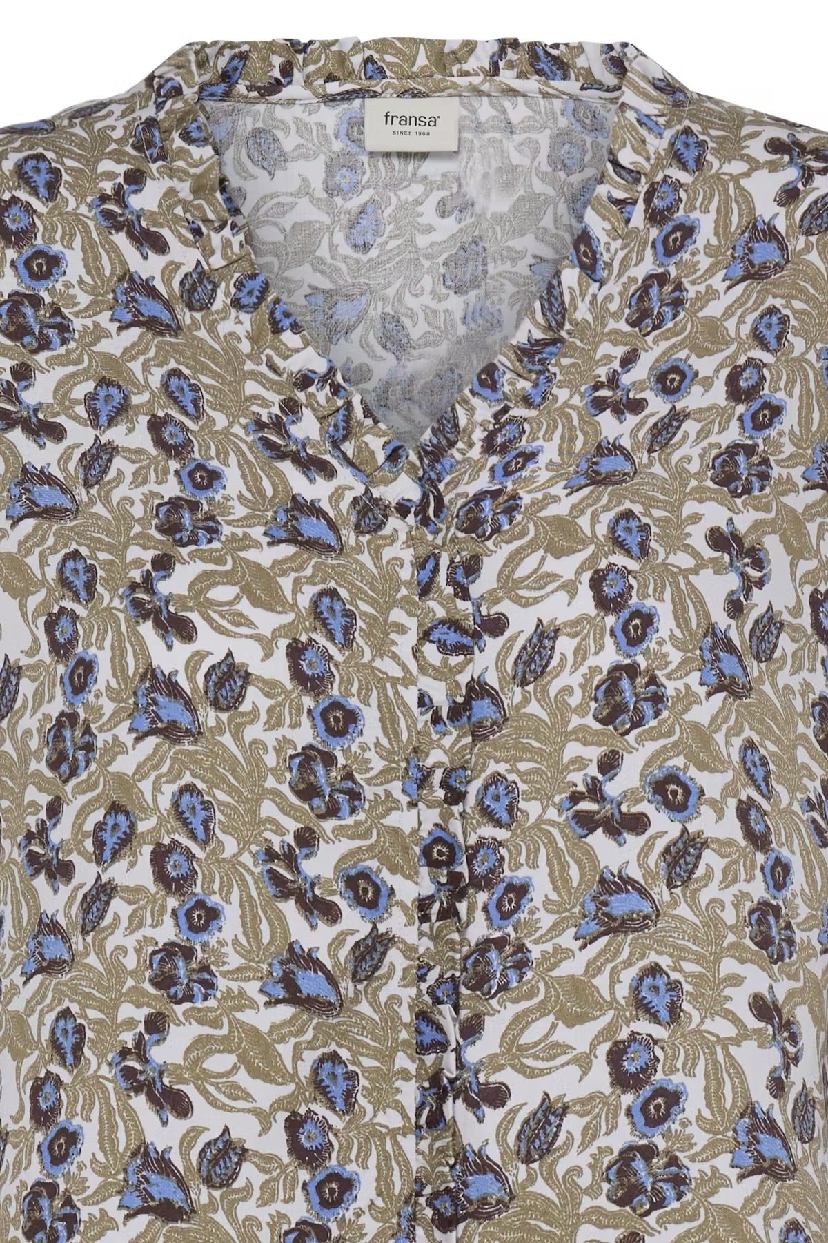 FRANSA Floral Print V-Neck Blouse – Khaki & Blue