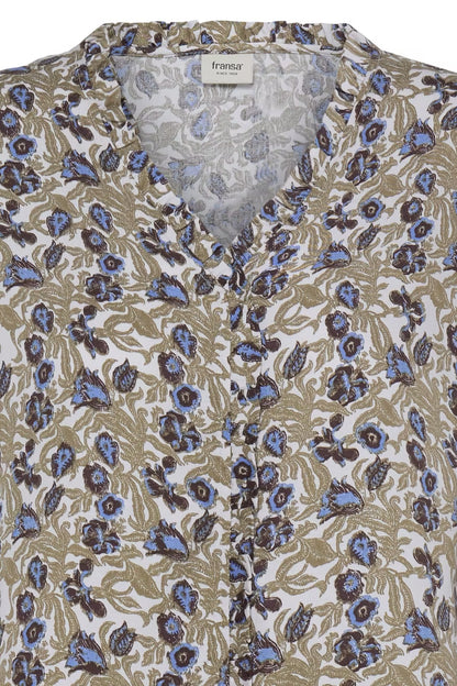 FRANSA Floral Print V-Neck Blouse – Khaki & Blue