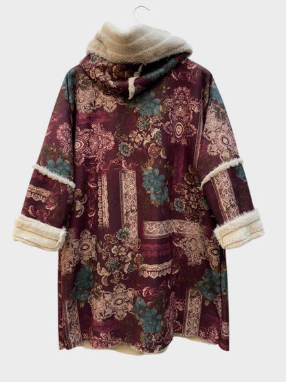 Oversized Hooded Printed Coat Wine & Teal