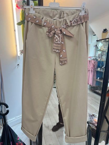 Beige Tapered Trousers With Fabric Belt