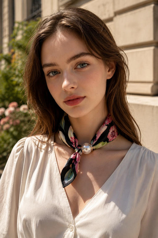 Magnetic Pearl Neck Scarf Black Floral
