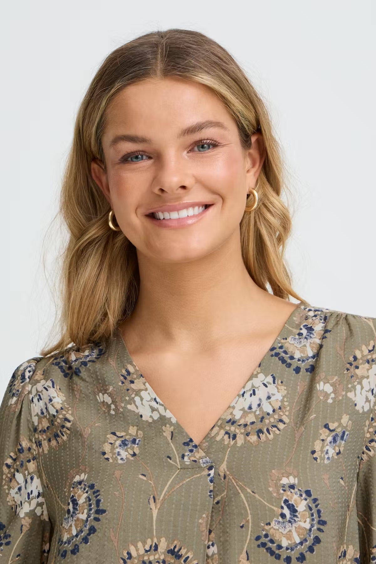 FRANSA Khaki Floral V Neck Blouse