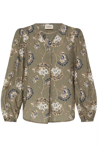 FRANSA Khaki Floral V Neck Blouse