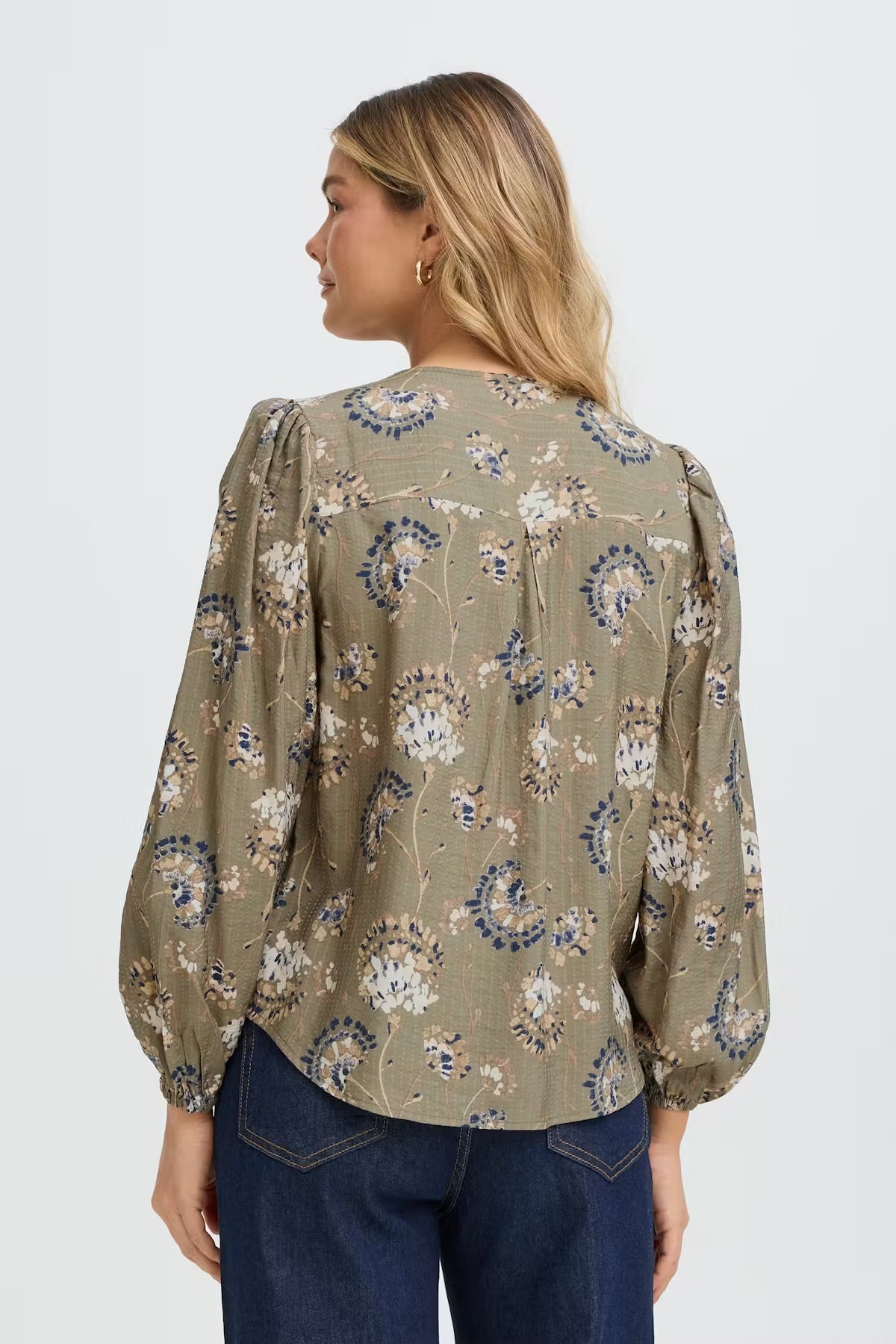 FRANSA Khaki Floral V Neck Blouse