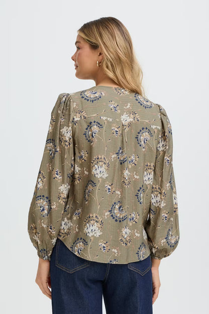 FRANSA Khaki Floral V Neck Blouse