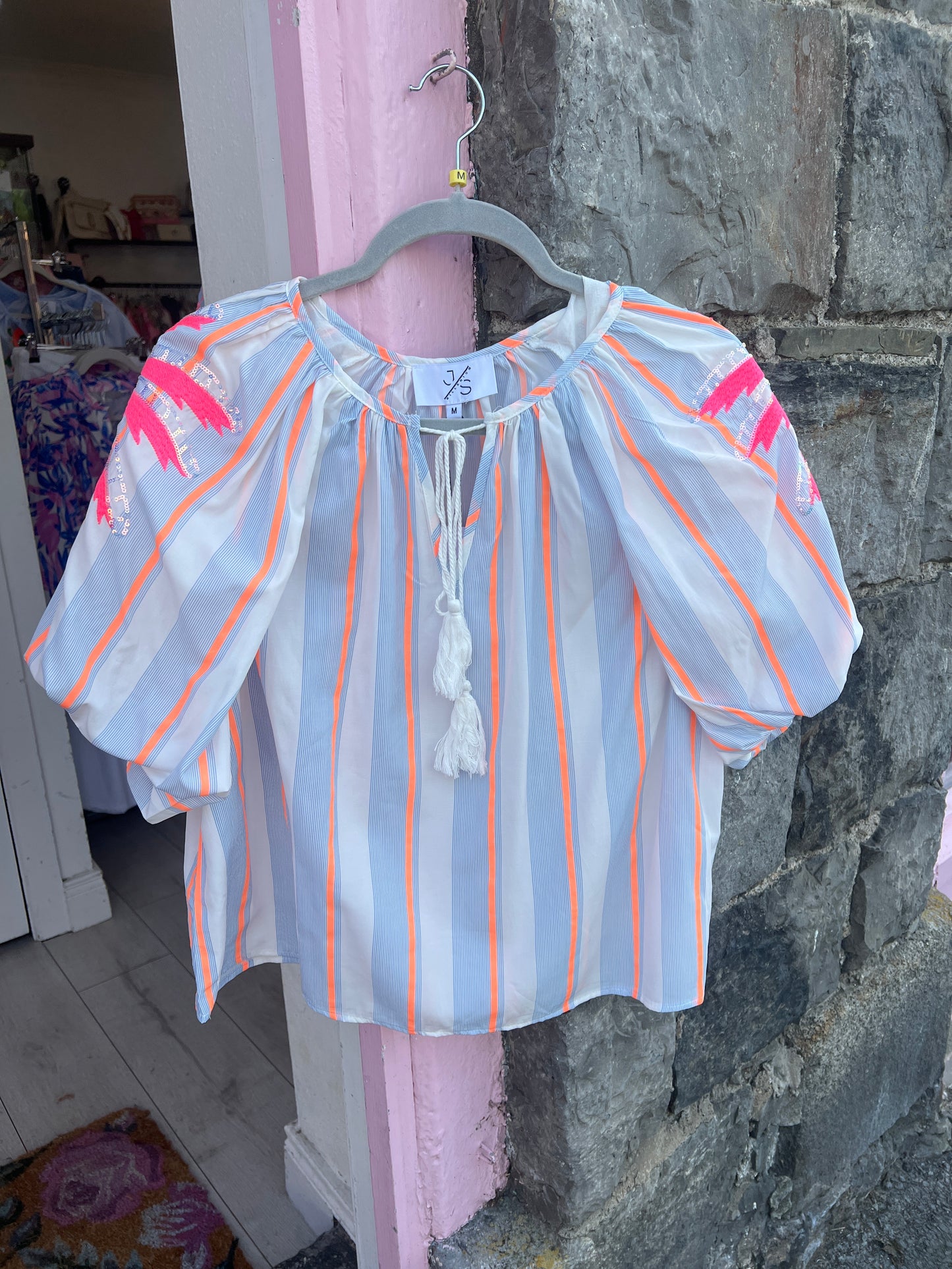 Neon Stripe Tassel Blouse – Blue & Coral