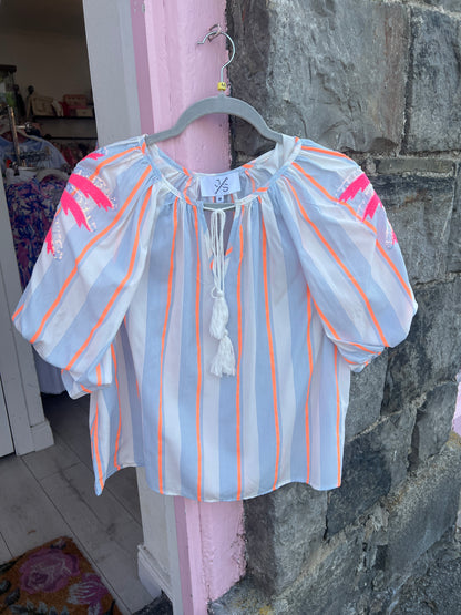 Neon Stripe Tassel Blouse – Blue & Coral
