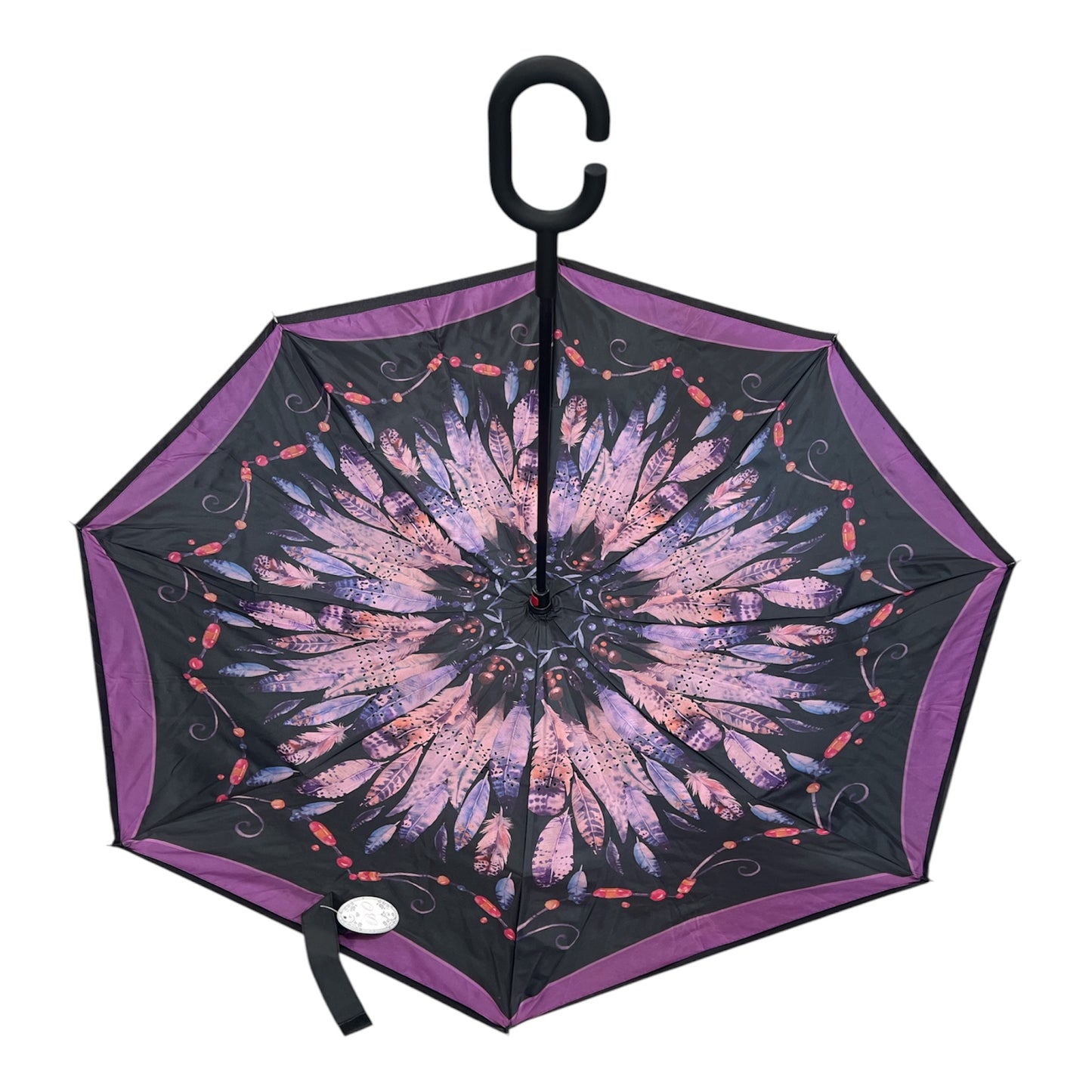Upside Down Umbrella Purple & Black Feathers Design