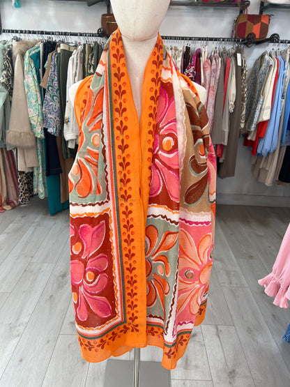 Multicoloured Cotton Print Scarf Orange Trim