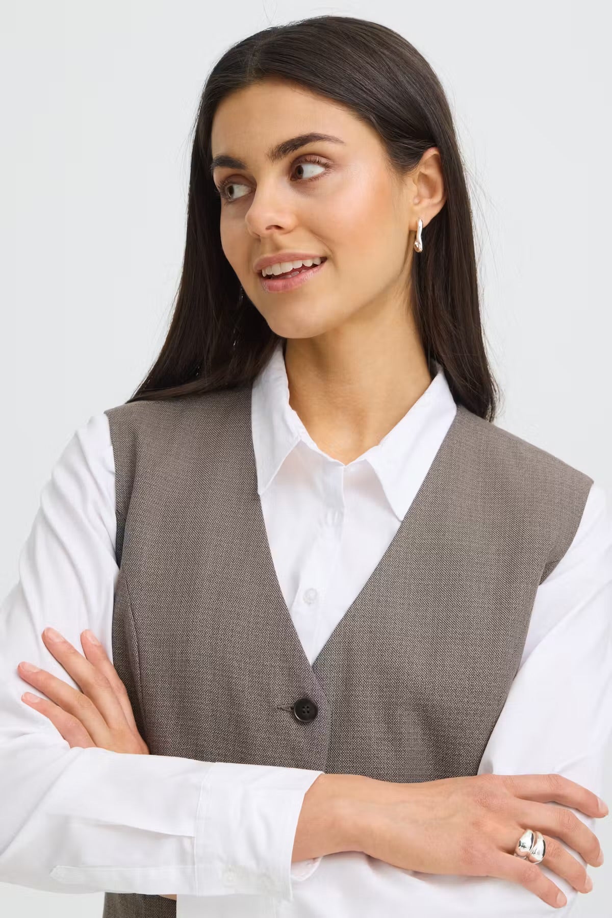 FRANSA Taupe Button Front Pinafore Dress
