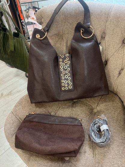 Brown Leatherette Shoulder Bag 3 In 1 Gold Discs