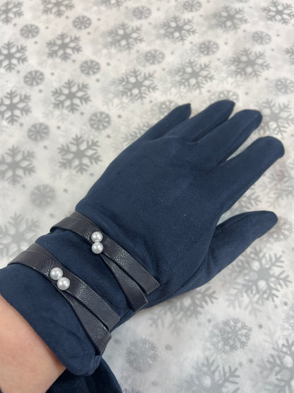 Navy Suedette Gloves Pearl Detail