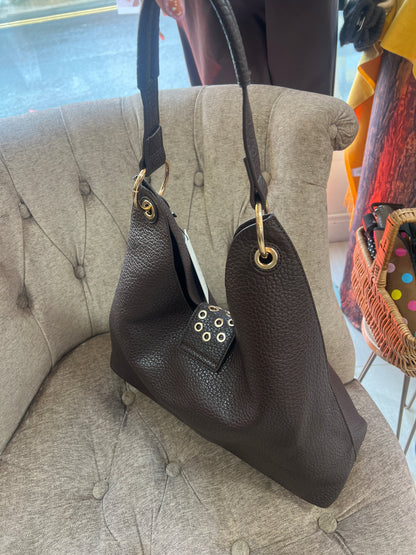 Brown Leatherette Shoulder Bag 3 In 1 Gold Discs