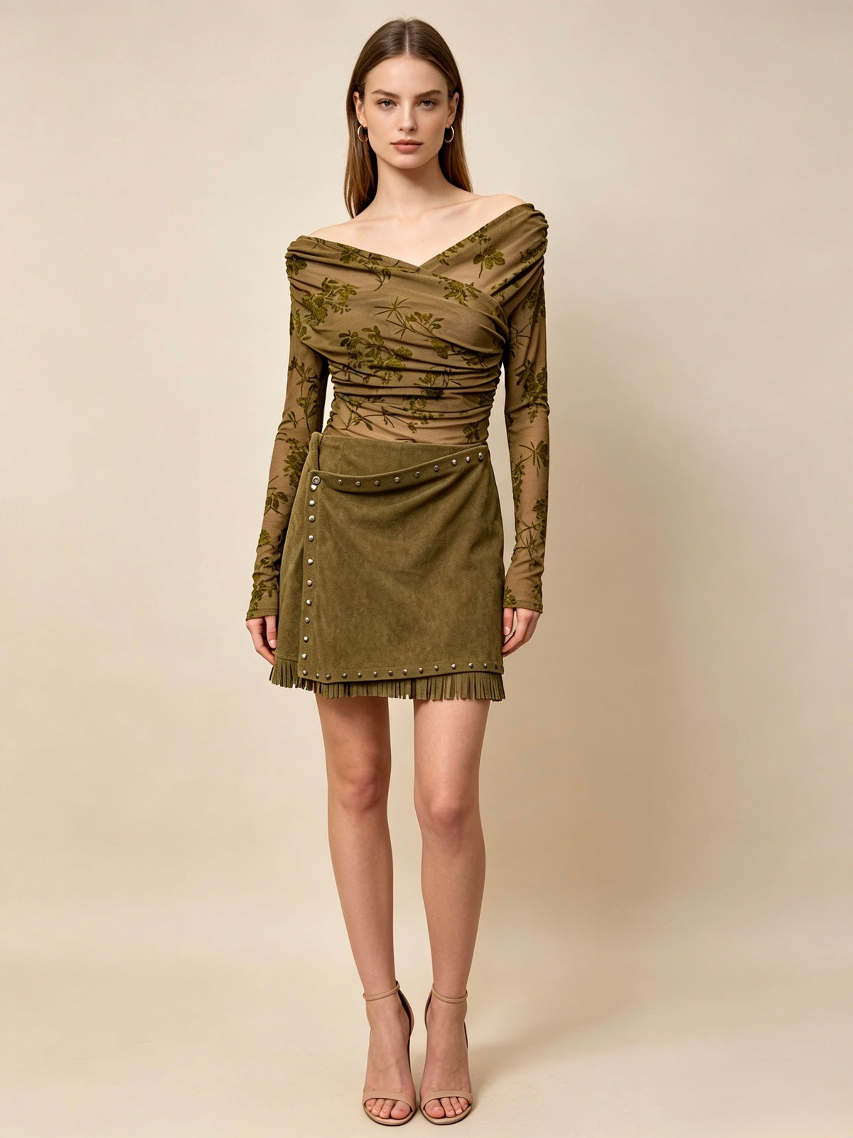 Ochre Green Bardot Lace Mesh Top