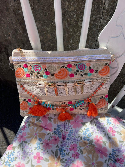 Boho Tassel Clutch Bag Cream & Orange