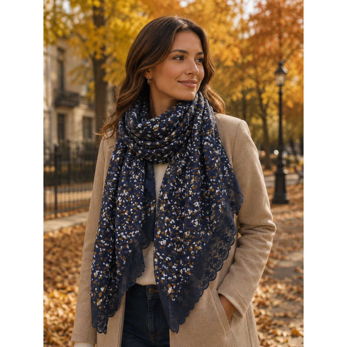 Floral Navy & Tan Scarf Lace Trim