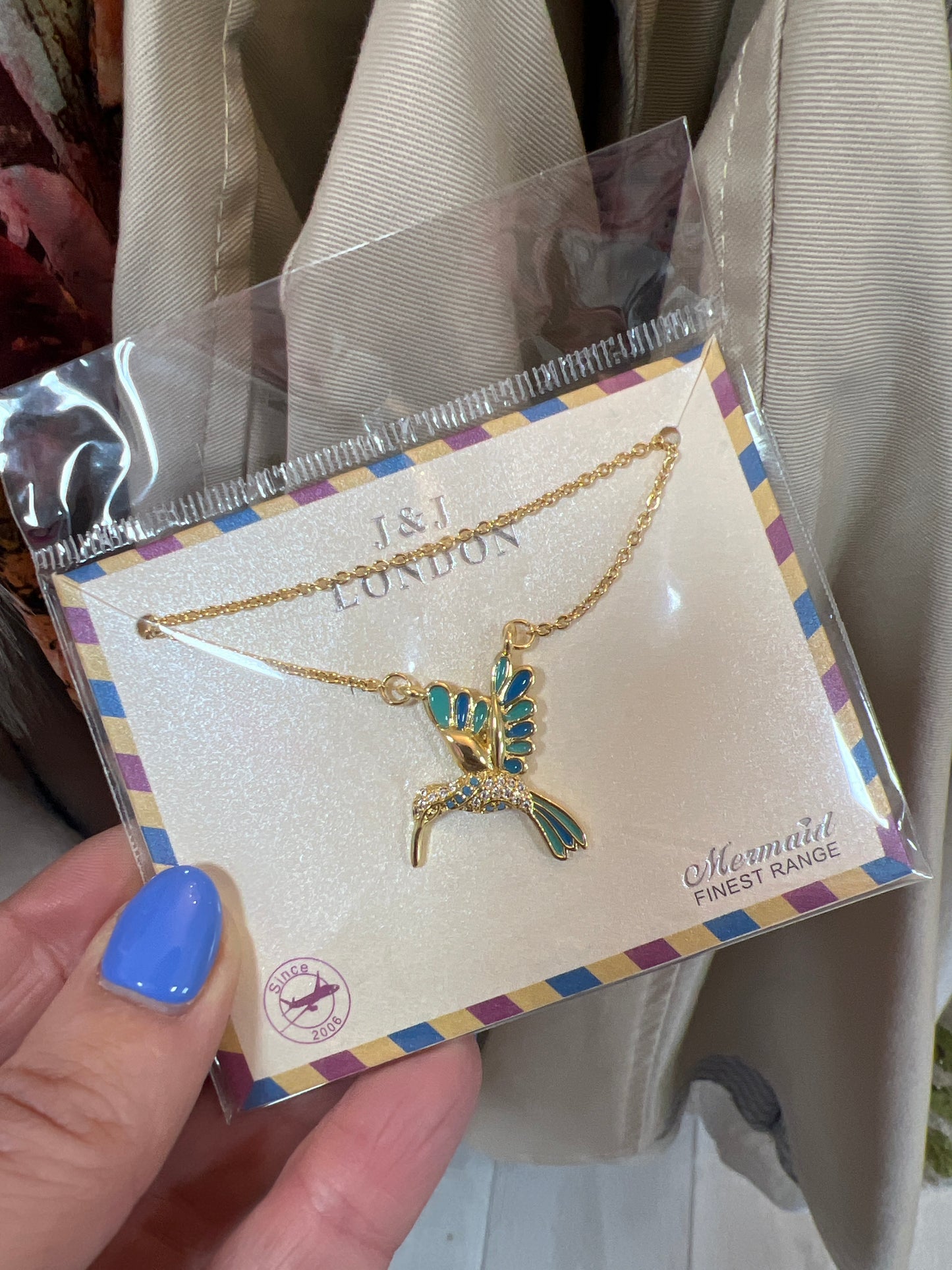 Gold Plated Hummingbird Necklace with Cubic Zirconia & Turquoise Detail