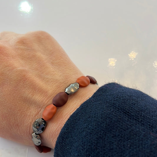 Rust, Brown & Grey Bead Elasticated Bracelet