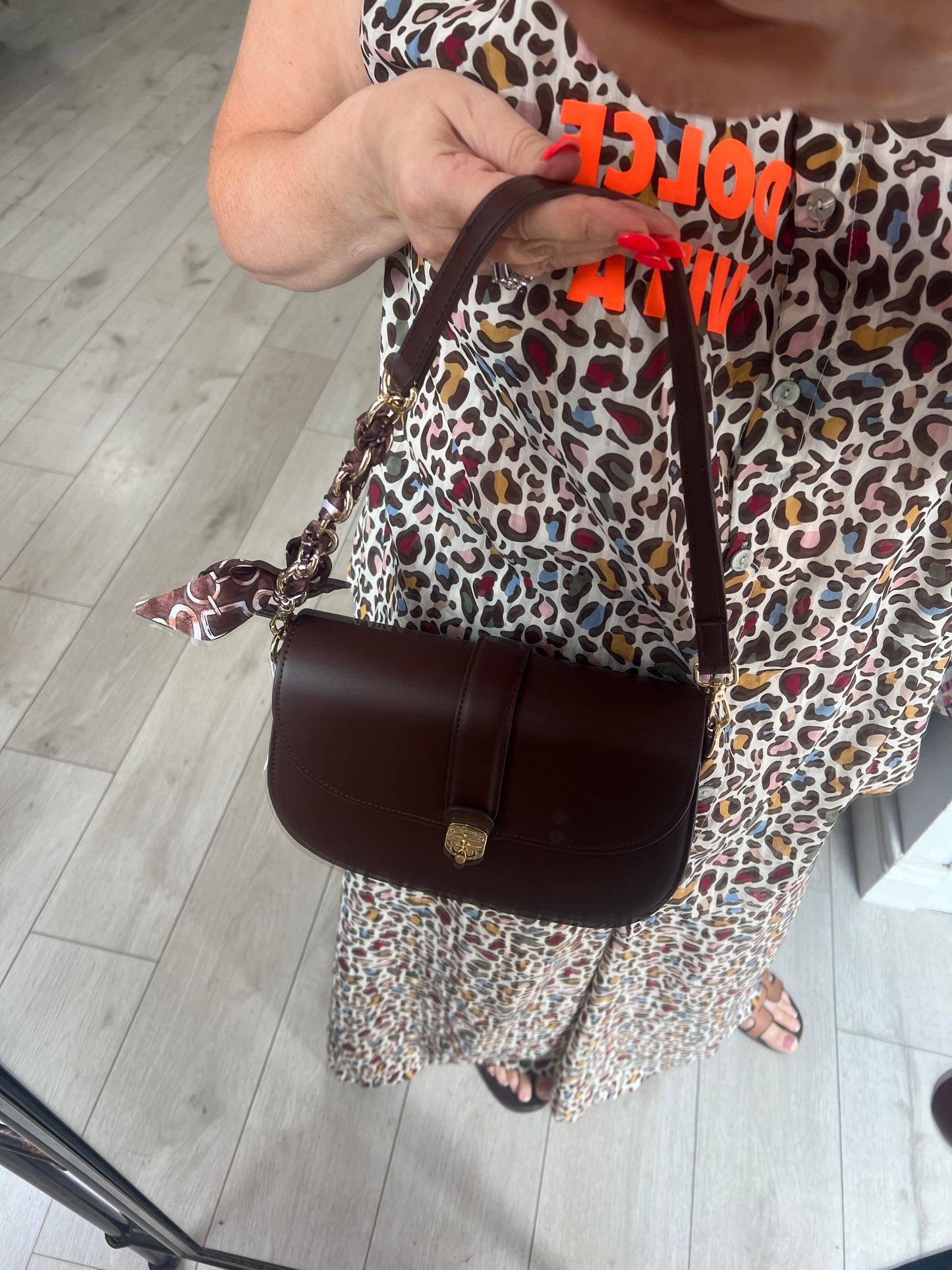 Chocolate Brown & Gold Leatherette Shoulder Bag