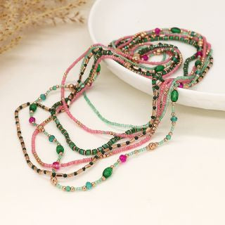 POM Multistrand Boho Necklace Green & Pink