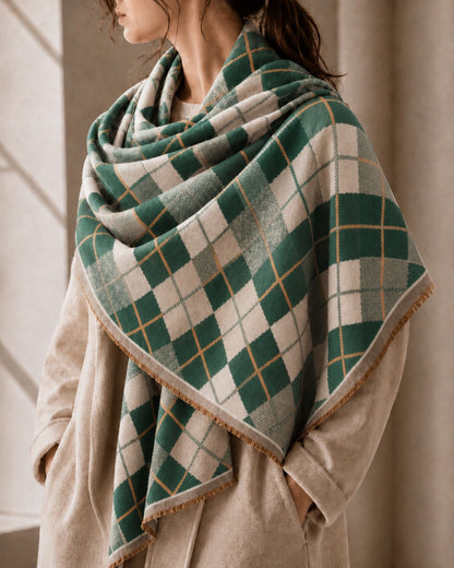 Diamond Check Blanket Scarf Green/Orange/Taupe