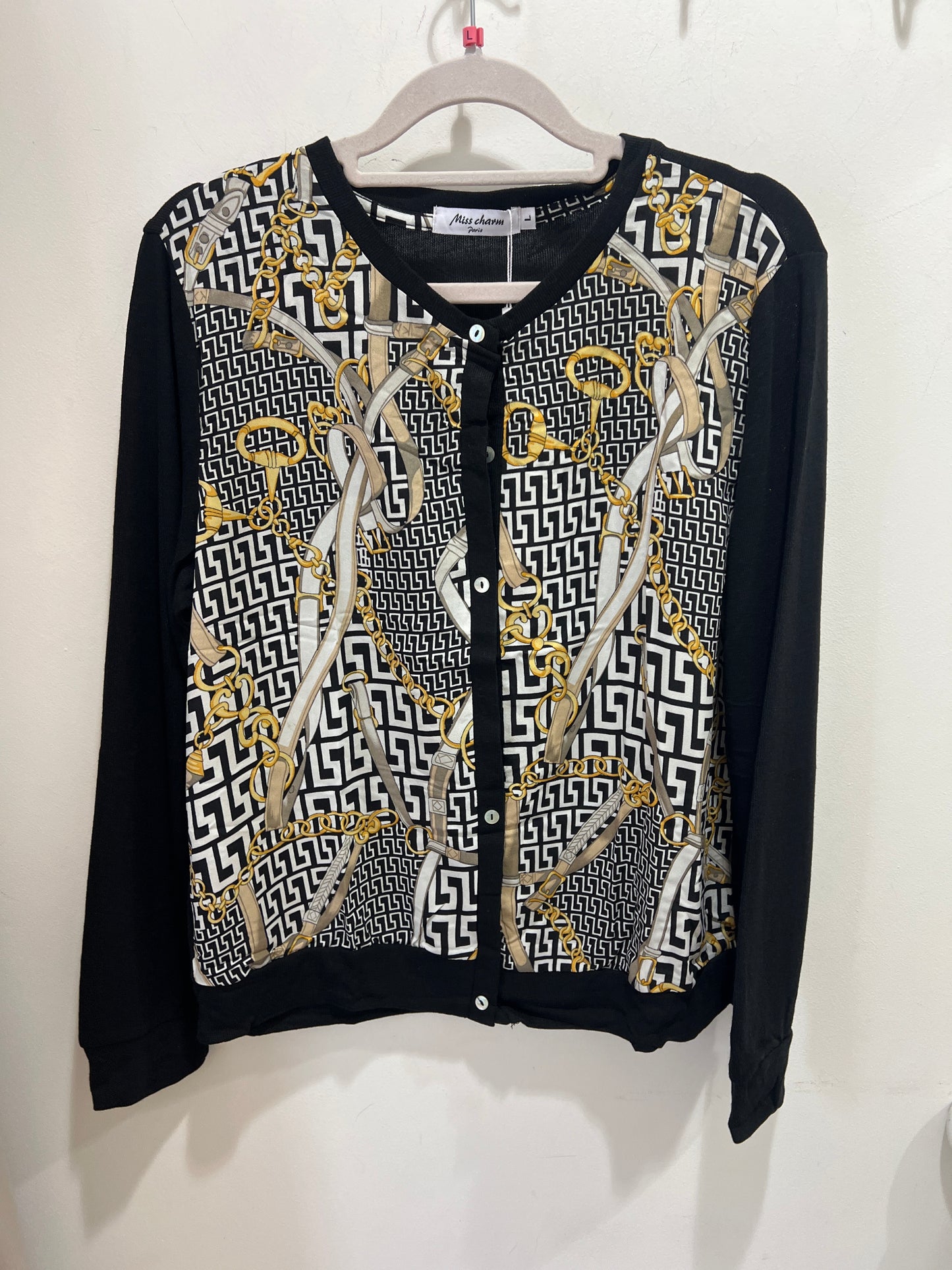 Black & Gold Chain Print Button Cardigan Lightweight Long Sleeve Knit