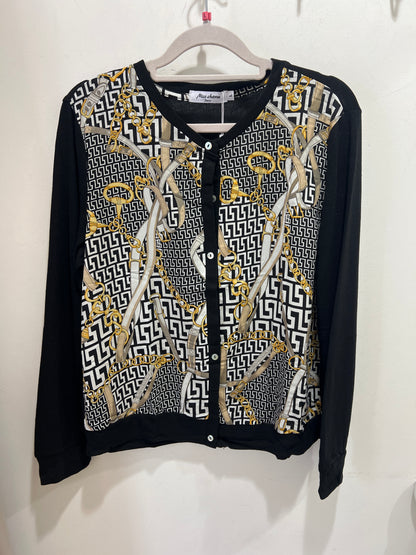 Black & Gold Chain Print Button Cardigan Lightweight Long Sleeve Knit