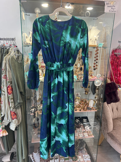 Navy & Green V Neck Maxi Dress