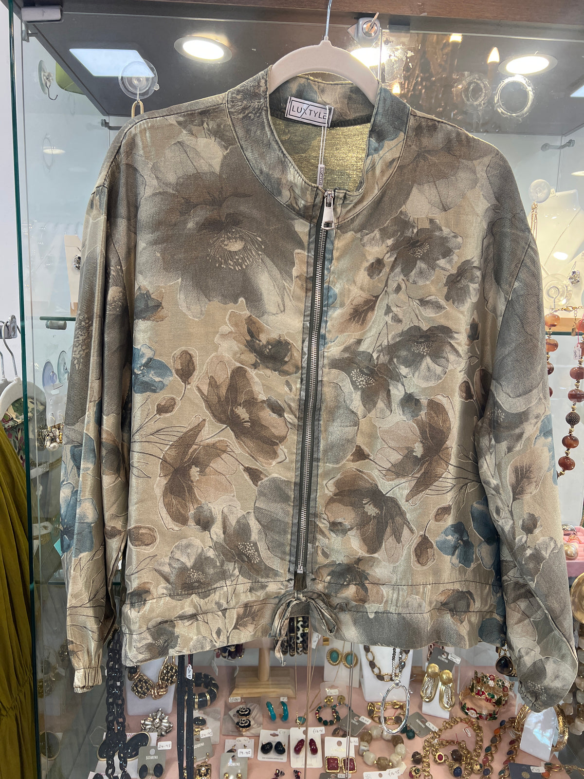 Khaki & Teal Floral Zipped Bomber Jacket