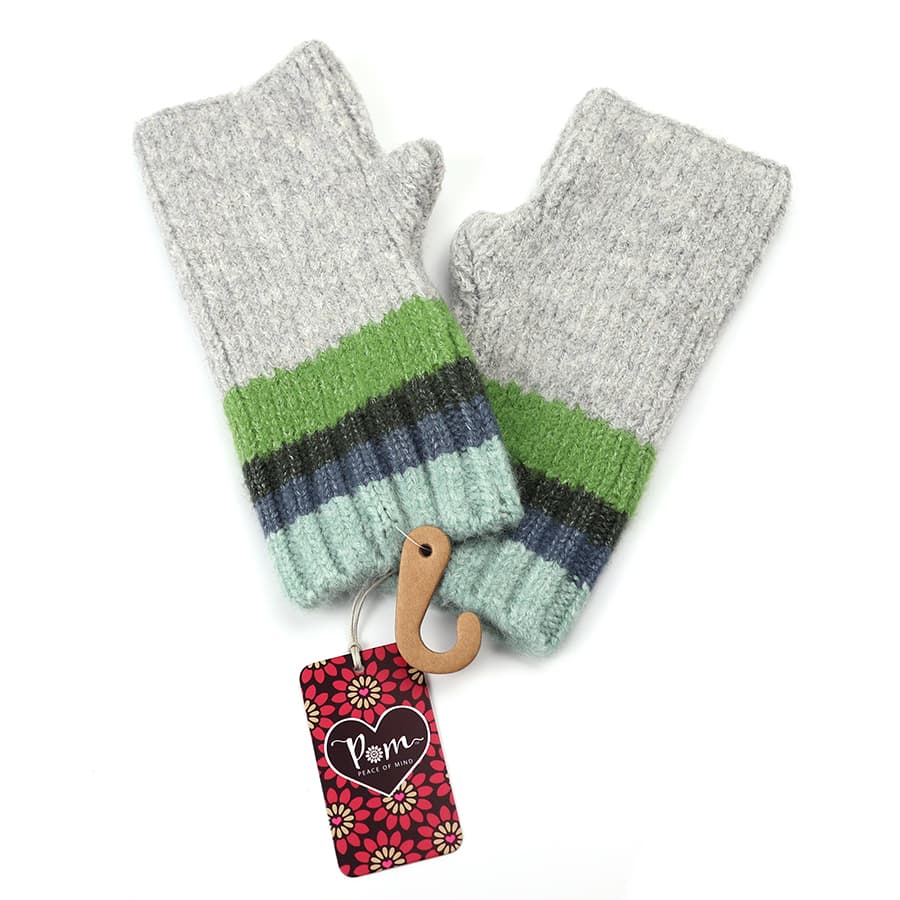 POM Grey Blue Green Stripe Fingerless Gloves