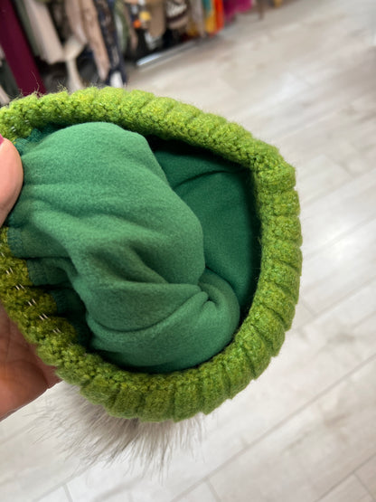 Green Cable Knit Hat PomPom