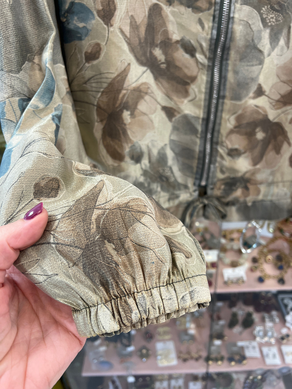 Khaki & Teal Floral Zipped Bomber Jacket