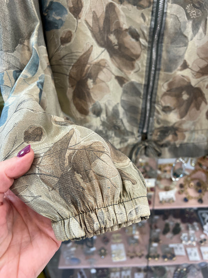 Khaki & Teal Floral Zipped Bomber Jacket