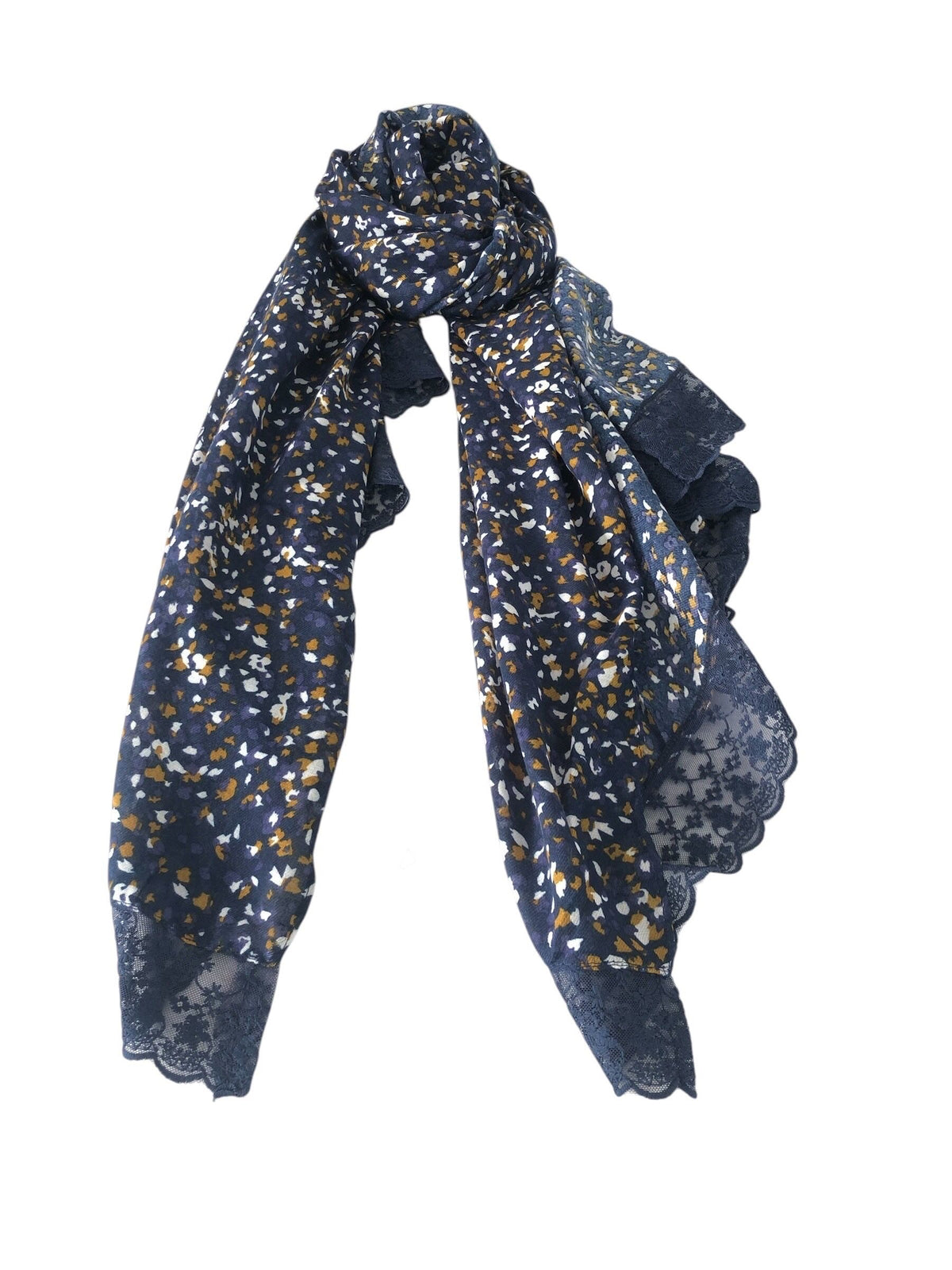 Floral Navy & Tan Scarf Lace Trim