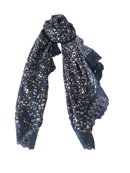 Floral Navy & Tan Scarf Lace Trim
