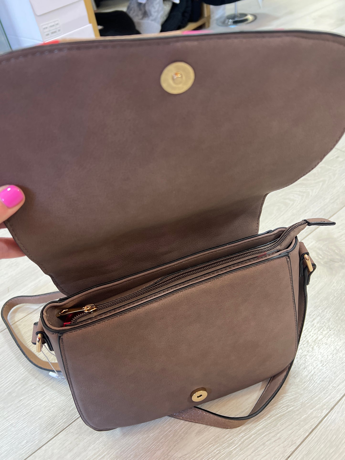 Colour Block Patchwork Crossbody Bag – Red, Pink & Taupe Camel