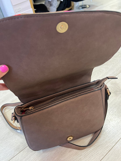 Colour Block Patchwork Crossbody Bag – Red, Pink & Taupe Camel