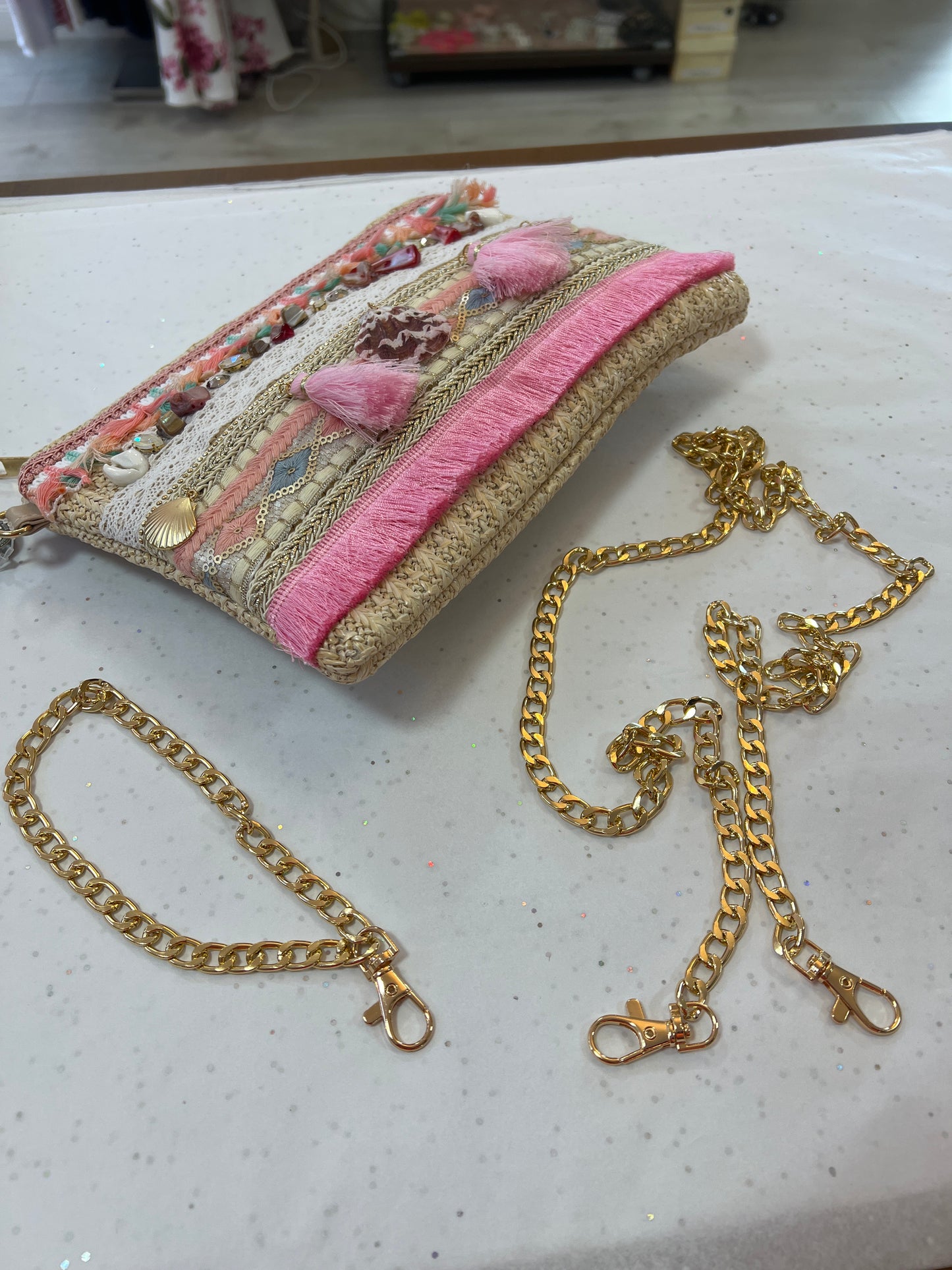 Boho Shell & Tassel Clutch Bag Cream & Pink