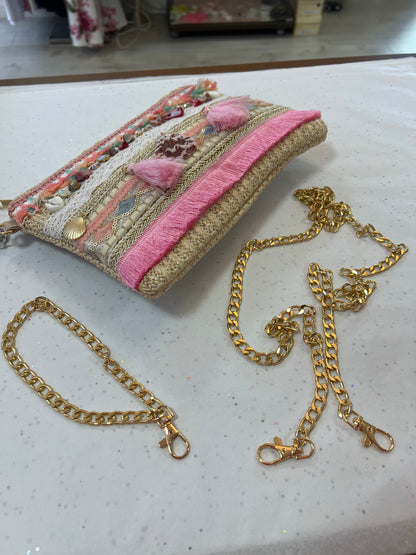 Boho Shell & Tassel Clutch Bag Cream & Pink