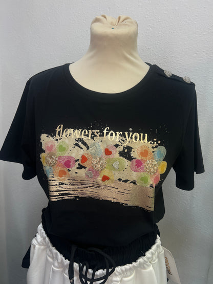 Flowers For You Cotton T-Shirt Black