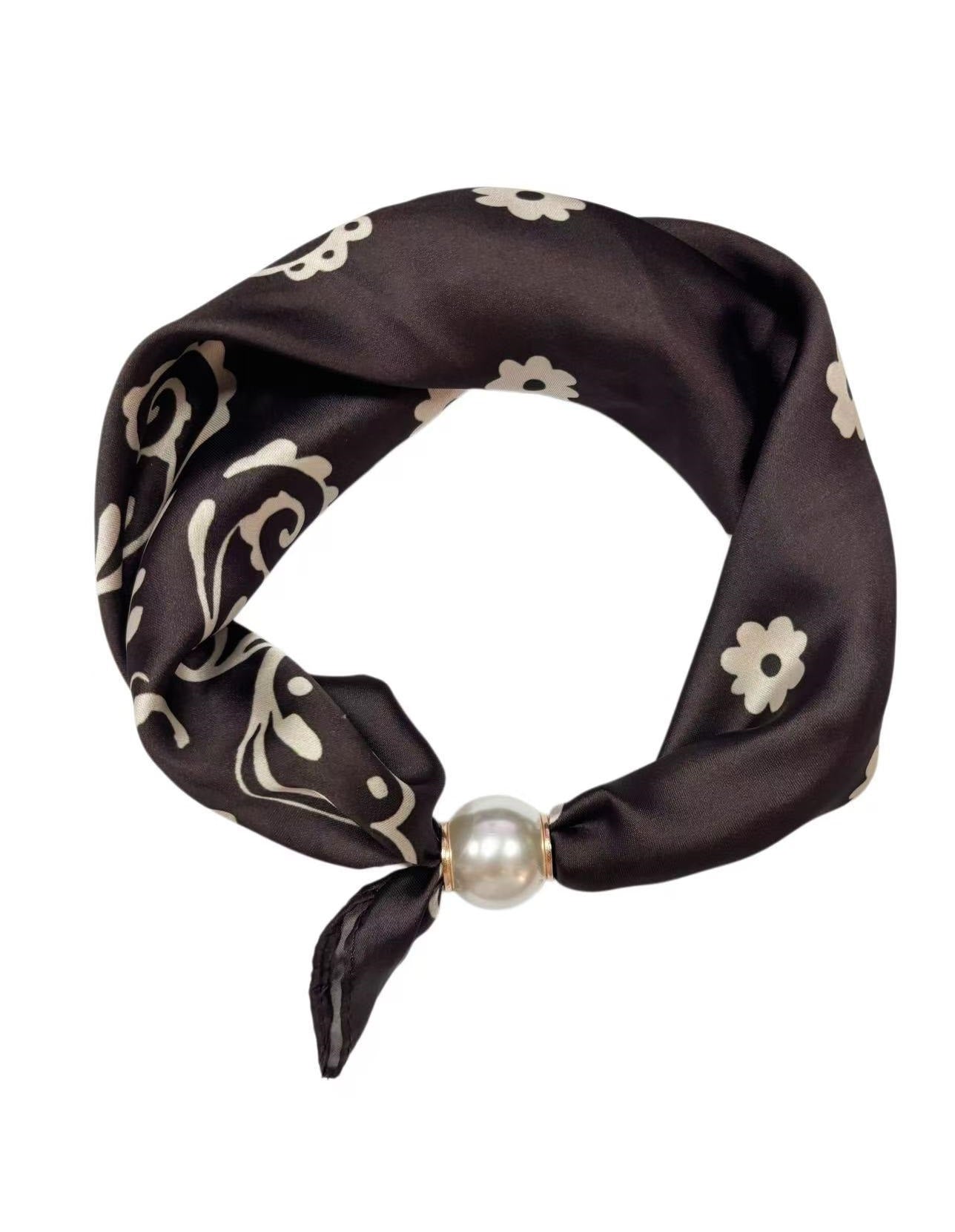 Magnetic Pearl Neck Scarf Chocolate & Beige Paisley/Flower