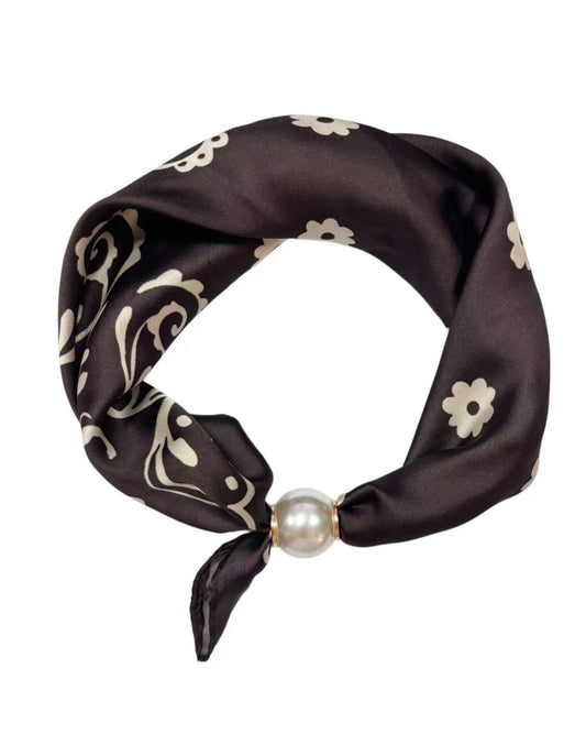 Magnetic Pearl Neck Scarf Chocolate & Beige Paisley/Flower