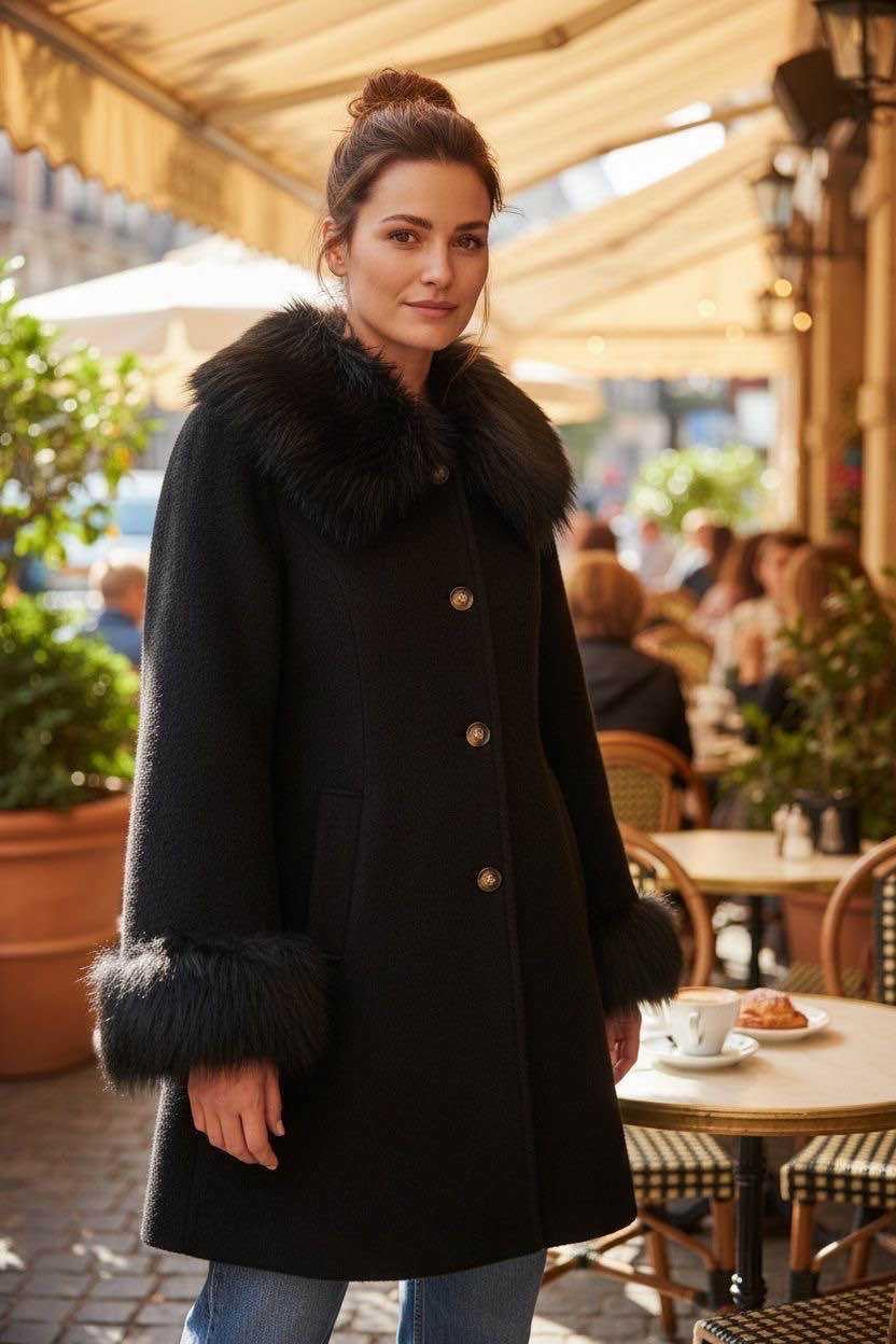 Jessica Coat Fur Trim Black